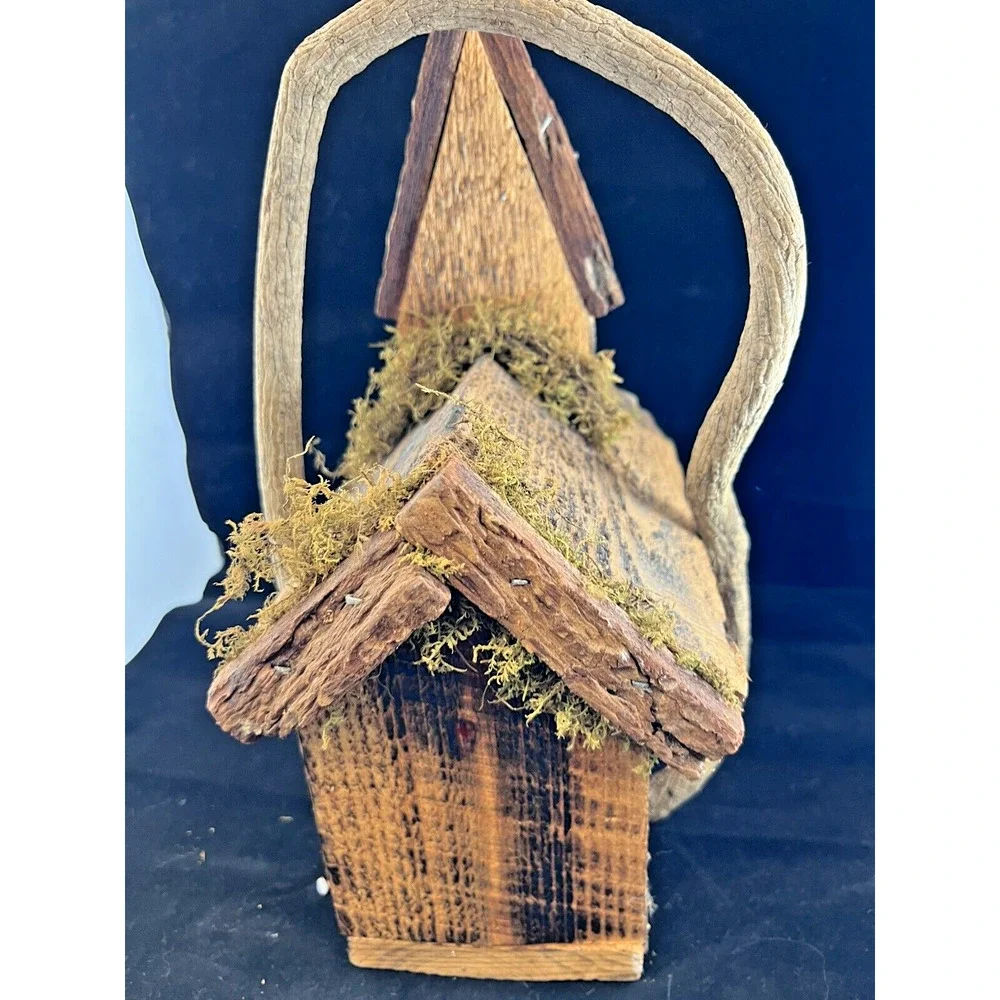 Vintage Rustic Primitive Natural Wood &Decorative‎ Bird House Church Moss